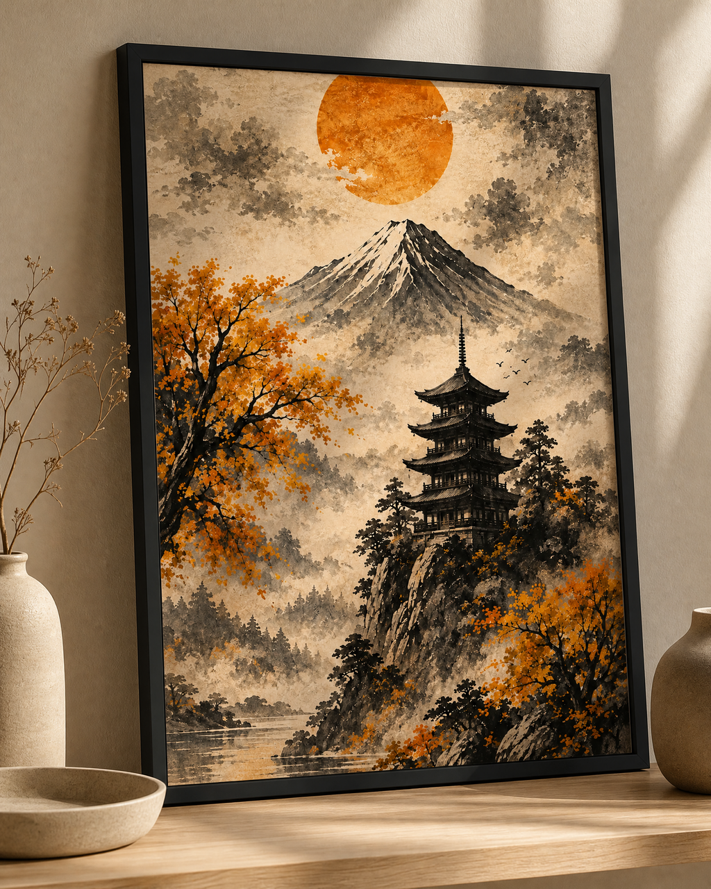 Japanese Mount Fuji Wall Art Printable, Sumi-e Pagoda Landscape Digital Download