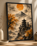 Japanese Mount Fuji Wall Art Printable, Sumi-e Pagoda Landscape Digital Download