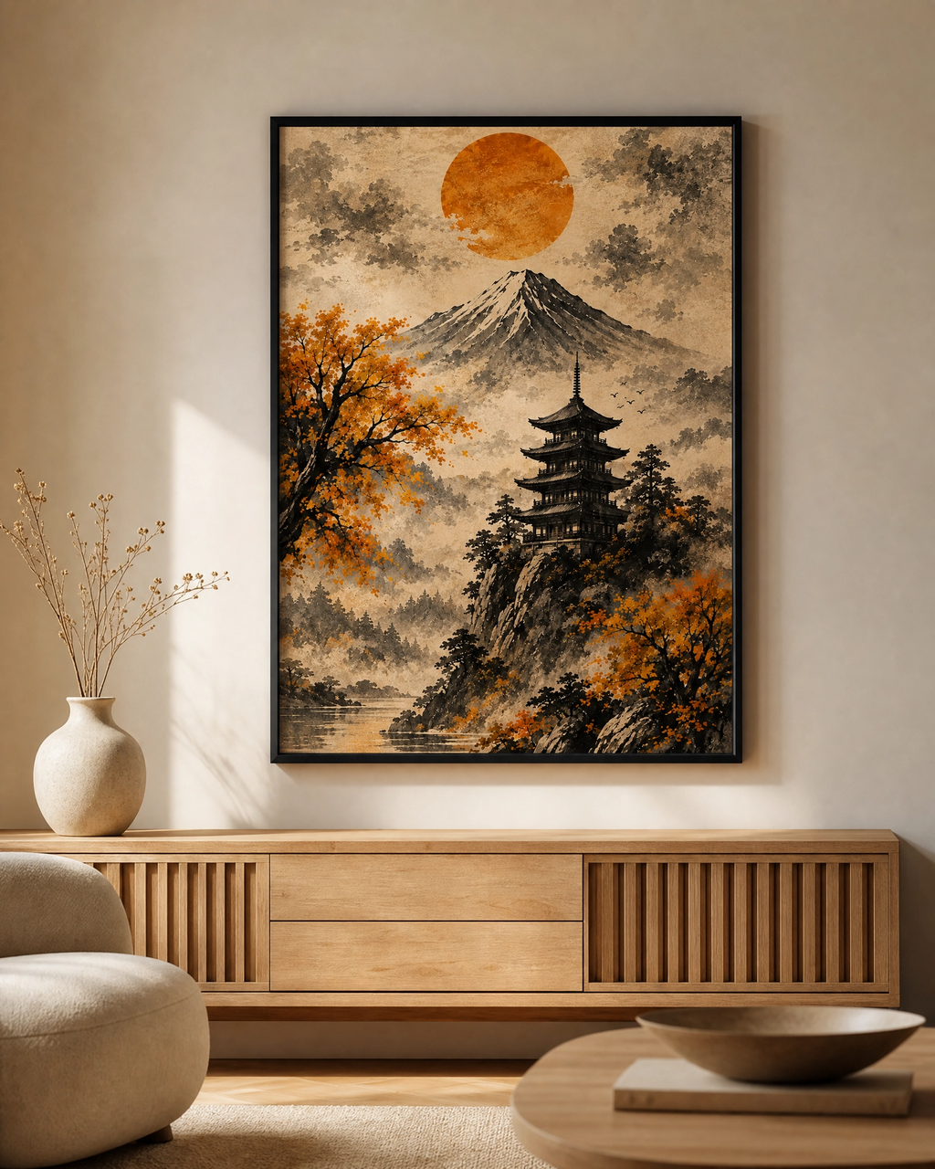 Japanese Mount Fuji Wall Art Printable, Sumi-e Pagoda Landscape Digital Download